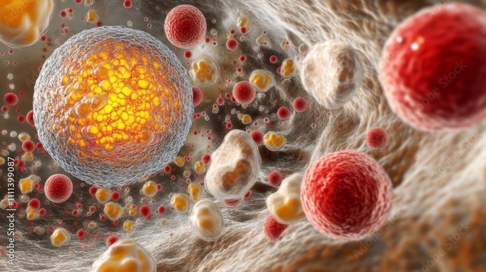 Aufkleber detailed microscopic view of red and yellow cellular structures, exploring biological processes scie