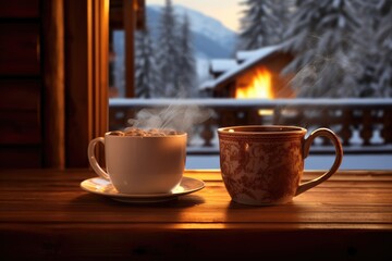 Ski Lodge Warmth: Photograph a hot beverage in a ski village lodge surrounded by snow.