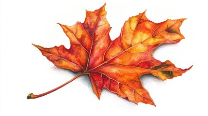 A vibrant orange maple leaf in watercolor style, featuring natural textures and gentle shading, isolated on white
