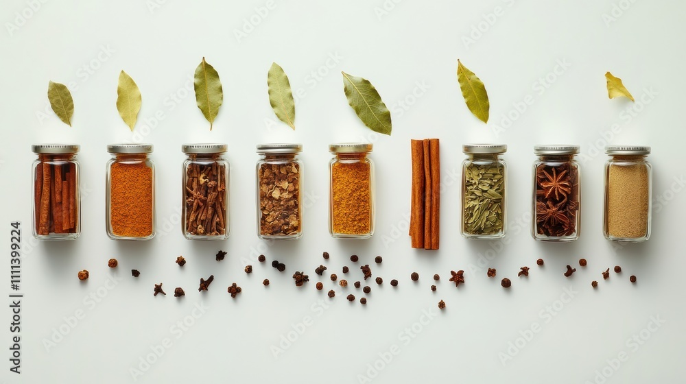 Poster Vibrant spices stored in small jars are organized with bay leaves and cinnamon sticks, creating an aromatic display with space for text. Generative AI