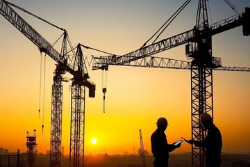 Construction Workers Silhouettes with Cranes at Sunset, Urban Skyline, Industrial Project Management, Building Site, Safety Gear, Teamwork and Collaboration in Engineering