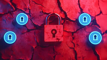 Red Padlock on Cracked Surface: Cyber Security Concept