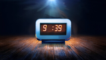 Digital Table Clock in the center with large illuminated numbers, dark background for dramatic effect