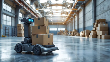Fototapeta premium Efficient delivery robot navigates cardboard box aisles in warehouse logistics environment
