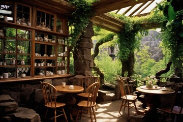 Botanical Tea House: Feature a herbal tea in a quaint village tea house surrounded by botanical wonders.