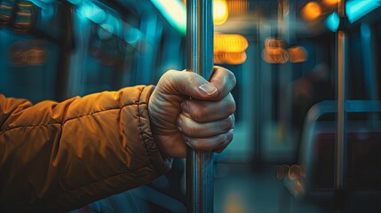 Hand gripping a metal pole inside a dimly lit public transport vehicle.