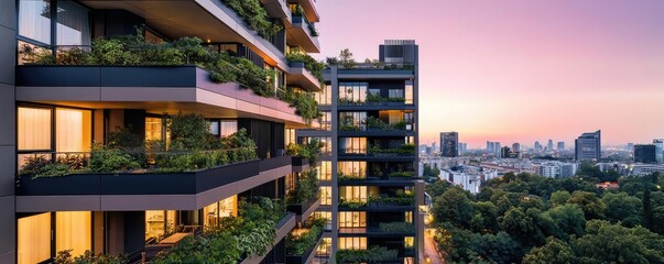 Obraz premium Modern apartment building with greenery against a colorful sunset sky.
