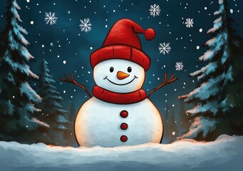 Fototapeta premium Cheerful Snowman with Red Hat in Snowy Landscape with Pine Trees and Snowflakes