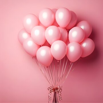Bunch of Several Bright Pink Helium Inflatable Birthday Air Luftballons Balloons with Strings Flying Floating for Happiness Party Holiday Celebrations with Pink Background with Copy Space Photoshoot