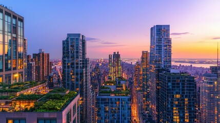 Obraz premium Skyline view of modern buildings at sunset with vibrant colors and greenery.