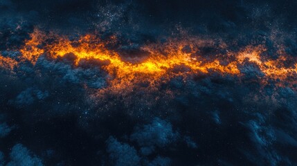 Fototapeta premium Starry Night Sky and Sunset Aerial View Above the Clouds with Dark Blue and Orange Tones and the Milky Way Galaxy