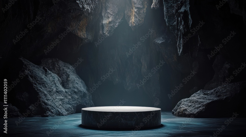Poster minimalist dark cave scene with ethereal light and round pedestal for abstract art display showcase