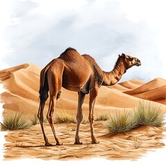 A Single Dromedary Camel Standing in the Desert, Watercolor-Style Illustration.