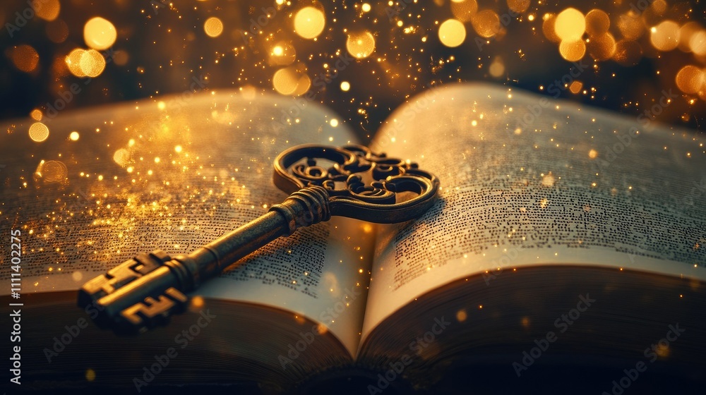 Poster an antique-styled key lies on an open book with golden bokeh softly illuminating the serene backgrou