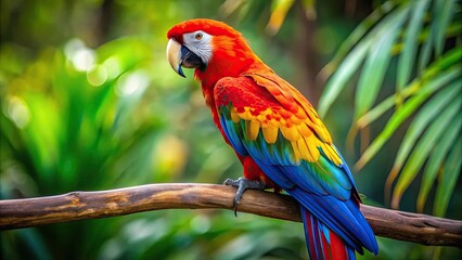 Obraz premium Vibrant parrot showing off colorful plumage on a branch , parrot, vibrant, colorful, plumage, bird, exotic, tropical, macaw