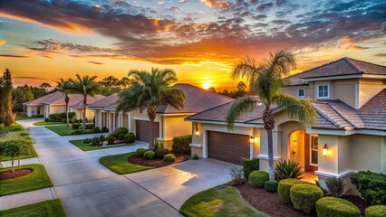 Upscale private homes in a low-density residential cul-de-sac at sunset outside of Sarasota, Florida , luxury, suburban