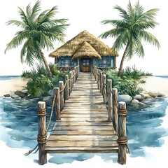 Fototapeta premium Watercolor Painting of a Tropical Thatched Hut on a Private Island with a Wooden Footbridge.