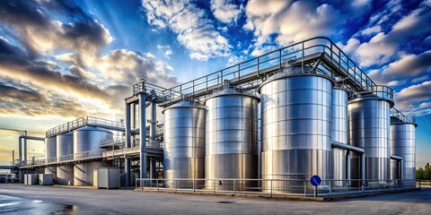 Obraz premium Industrial plant with large metal tanks and pipelines under a blue sky with clouds, industrial, plant