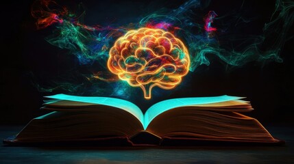 An open book illuminated by a glowing brain-shaped bulb in vibrant colors, evoking creativity and...