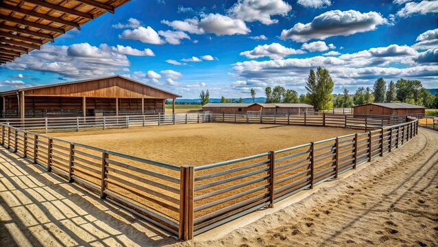 Tranquil western horse training corral stable with sandy arena, wooden fences, and empty stalls, rustic, western, horse, training