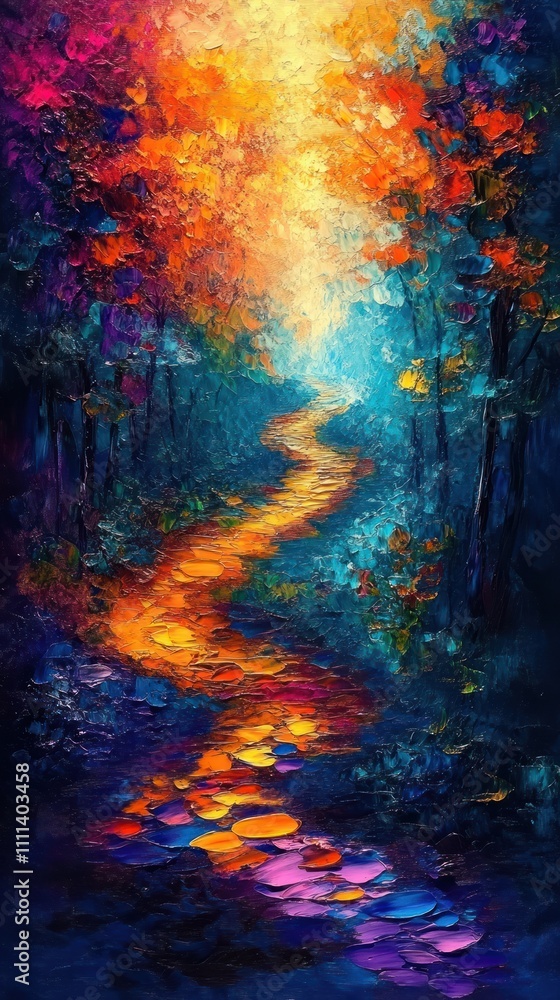 Poster vibrant abstract impressionism painting with colorful brush strokes and texture of a winding path th