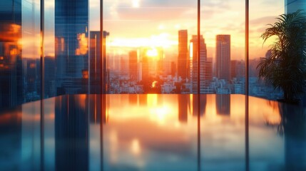 Modern Office Interior at Sunset with Reflective Glass Table and Blurred Skyscrapers View