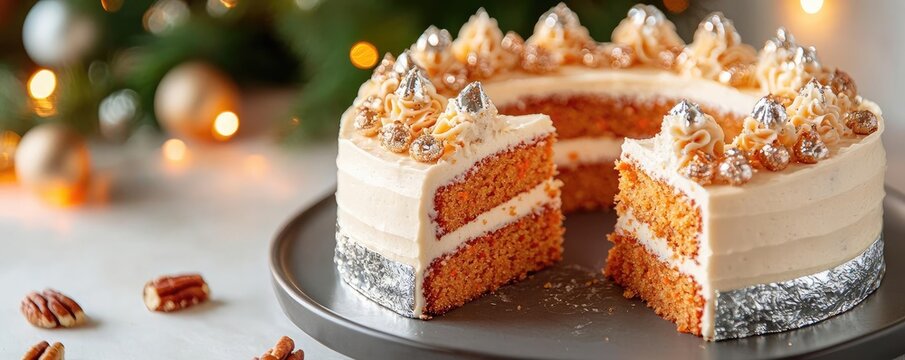 Classic carrot cake with edible silver leaf and sugared nuts, luxury New Year cake, elevated twist on a timeless treat