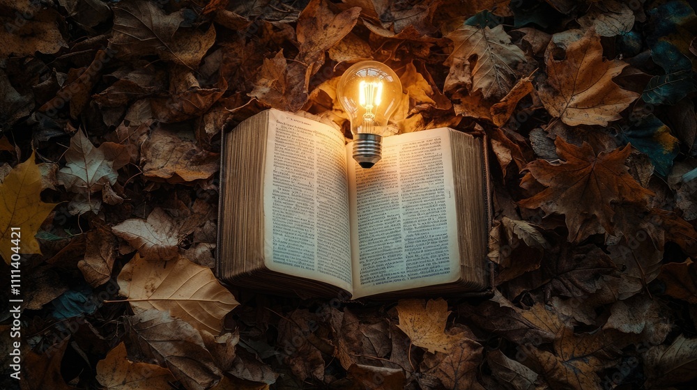 Poster an open book resting in a pile of leaves, featuring a luminous bulb as the central element, evoking 