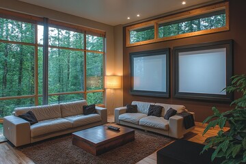 Modern Living Room Interior with Large Windows Overlooking Forest, Elegant Sofa Set, Wooden Furniture, and Soft Lighting in a Cozy Atmosphere