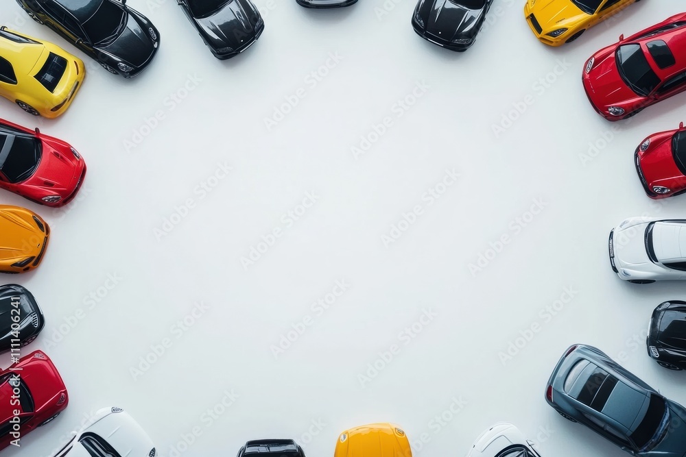 Poster A collection of various miniature car models in bright colors is neatly arranged on a white background, leaving room for text or branding. Generative AI