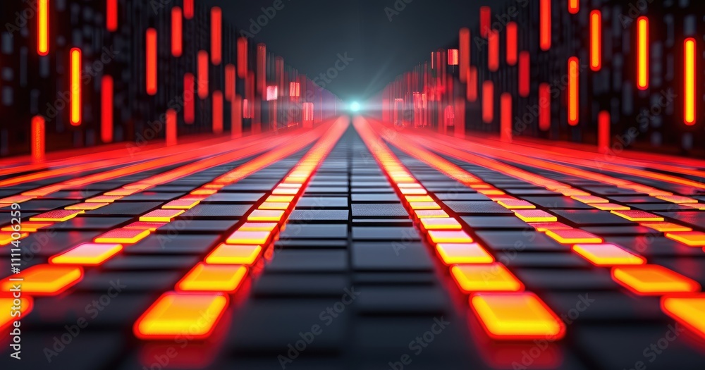 Poster a futuristic digital landscape featuring glowing red lines and tiles, creating a sense of depth and 
