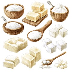 Watercolor illustration of various types of sugar granulated, cubes, and refined.