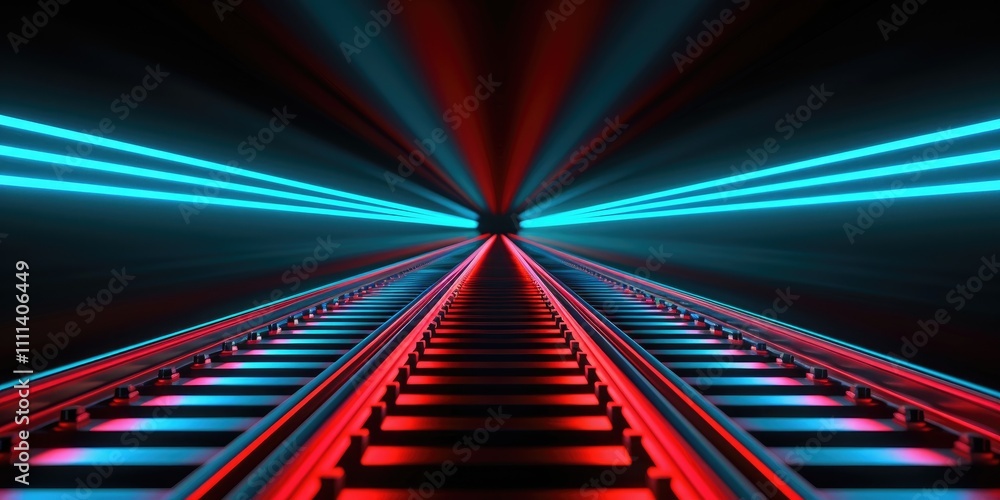 Poster a vibrant, futuristic tunnel with glowing blue and red lights extending down a railway track, creati