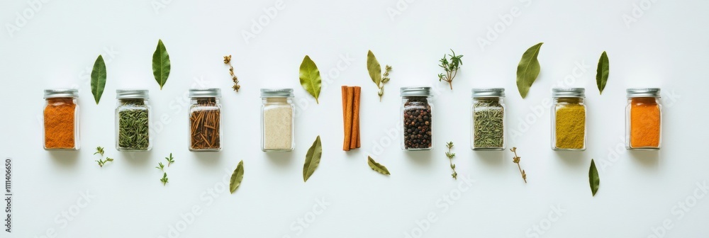 Aufkleber This display features colorful jars of spices alongside dried bay leaves and cinnamon sticks, providing an aromatic assortment for culinary use. Generative AI