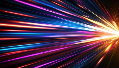 A vibrant burst of colorful light streaks radiate from a central point, creating a dynamic, energetic visual effect.