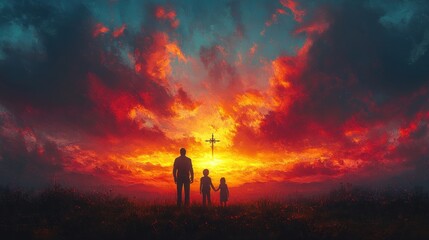 Obraz premium Family Silhouette Watching Vibrant Sunset with Cross on Hillside