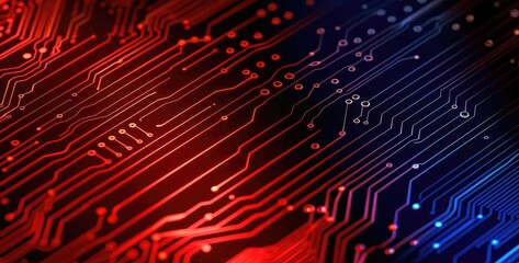 Obraz premium A vibrant close-up of a digital circuit board displaying intricate patterns in red and blue hues, symbolizing technology and connectivity.
