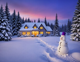 Naklejka premium a hyper-realistic detailed image of a whimsical winter scene bathed in shades of purple and blue. Foreground features a cheerful snowman adorned with a purple hat and scarf - generated by ai