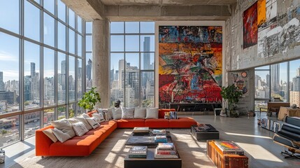 Modern living room with large windows showcasing city views and vibrant artwork.