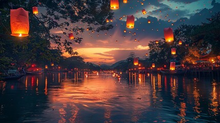 Sunset River Scene with Numerous Floating Sky Lanterns at Night