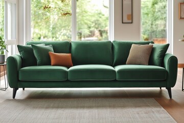 Modern Green Sofa in Stylish Living Room Setting with Natural Light and Decorative Cushions, Perfect for Contemporary Home Interiors and Cozy Spaces