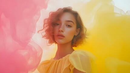 Fototapeta premium Young Woman Posing in Yellow and Pink Fabric