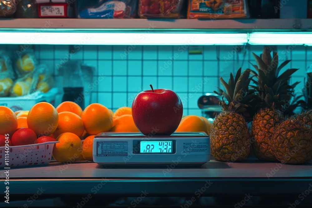 Poster fresh red apple on a digital scale surrounded by citrus fruits and pineapples in a vibrantly lit gro