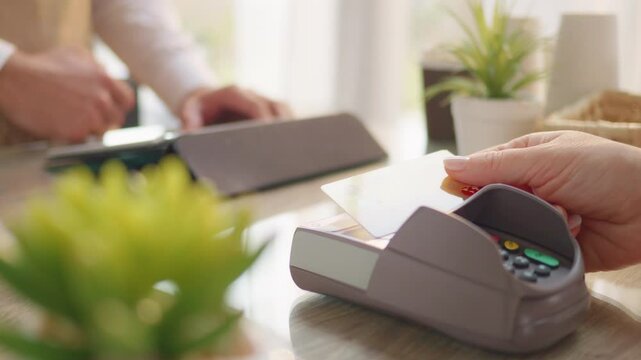 Woman paying with credit card in store close up. POS terminal transaction closeup. Contactless online payment concept