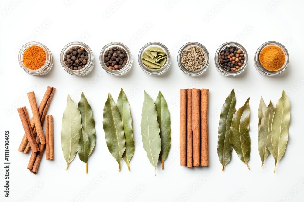 Aufkleber Brightly colored spices are arranged in small jars alongside fresh bay leaves and cinnamon sticks, creating an inviting culinary display. Generative AI