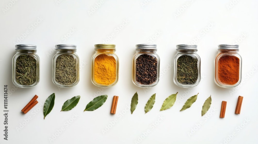 Poster Small jars filled with colorful spices, complemented by bay leaves and cinnamon sticks, create an aromatic display with room for text. Generative AI