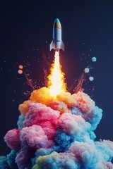 Naklejka premium Rocket taking off from the clouds. 3D illustration.