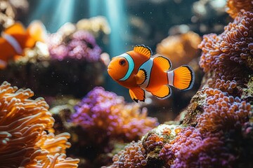 Vibrant Underwater Scene with Clownfish Swimming in Colorful Coral Reef