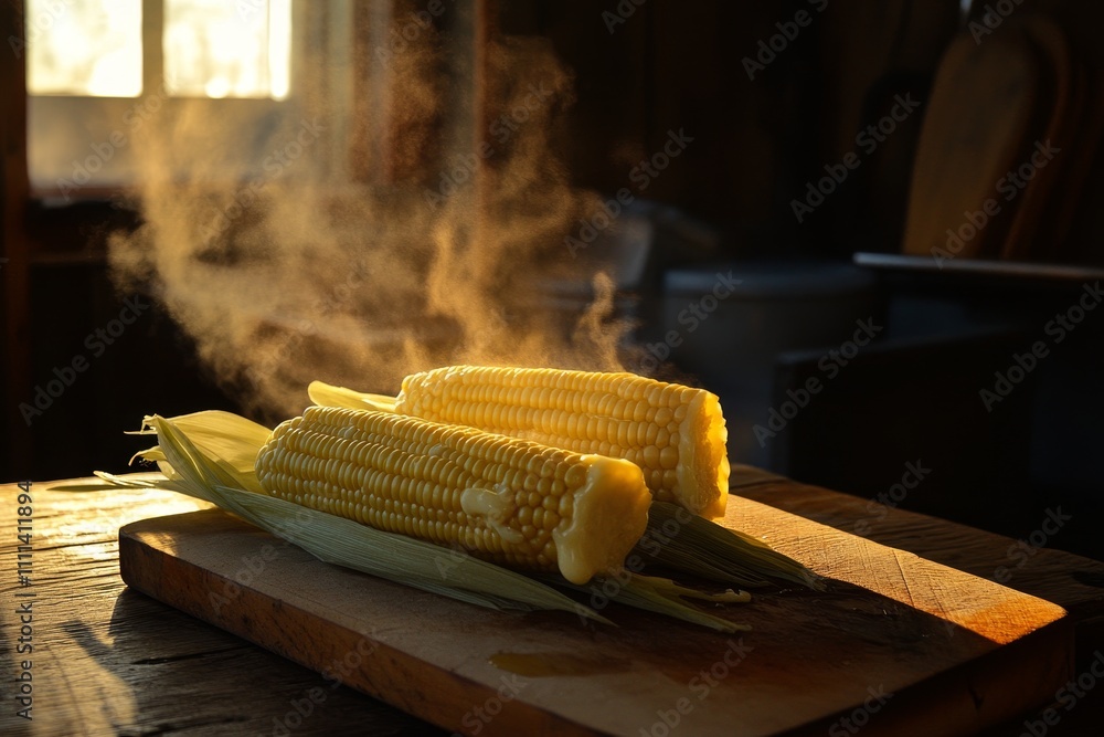 Aufkleber freshly cooked corn on cob steaming on wooden cutting board with sunlight streaming through window c