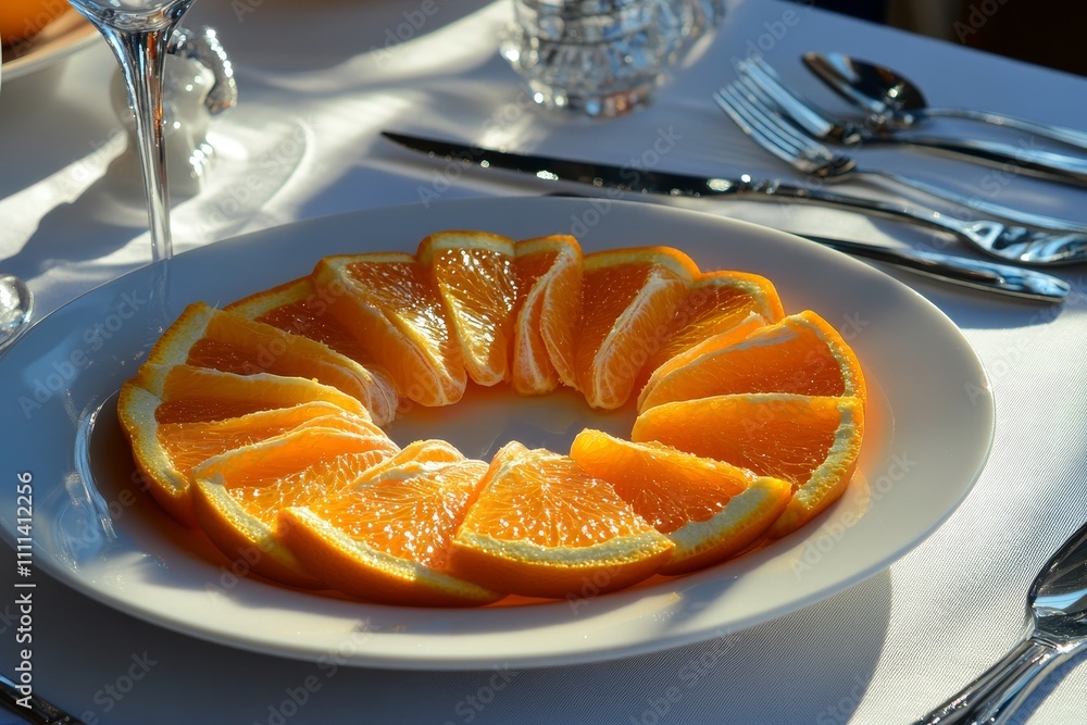 Poster freshly cut orange slices arranged in a circular pattern on a white plate with elegant tableware in 
